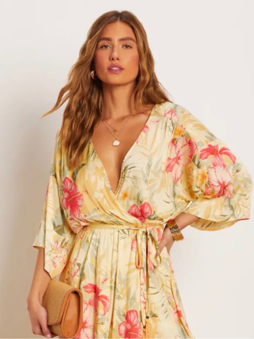 Vici Yellow Floral tropical romper with Pink Blooms size small